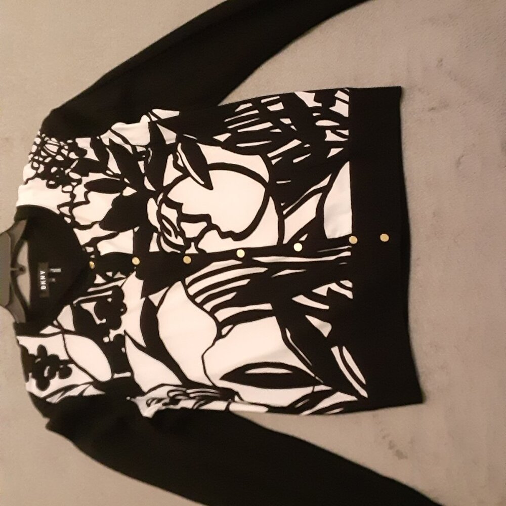 Donna Karen Button Down Long Sleeve Black & Cream Cardigan Women’s Size M - Picture 6 of 7
